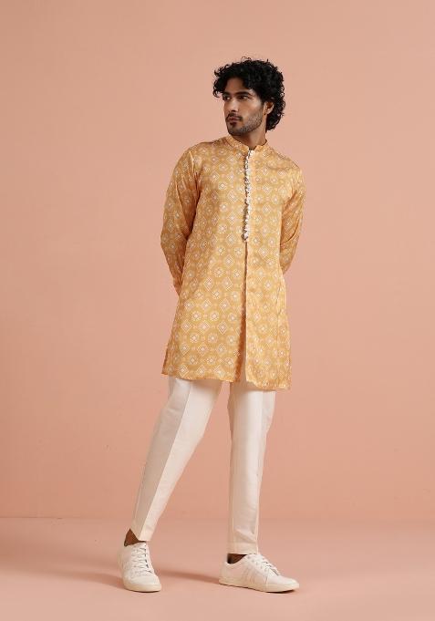 Yellow Printed Poly Viscose Kurta For Men