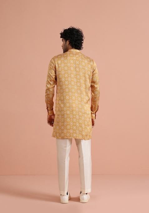 Yellow Printed Poly Viscose Kurta For Men
