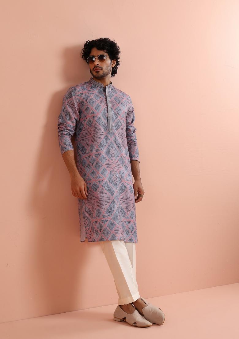 Grey Printed Poly Viscose Kurta For Men