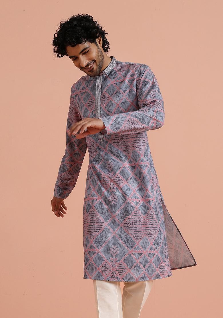 Grey Printed Poly Viscose Kurta For Men - Indya