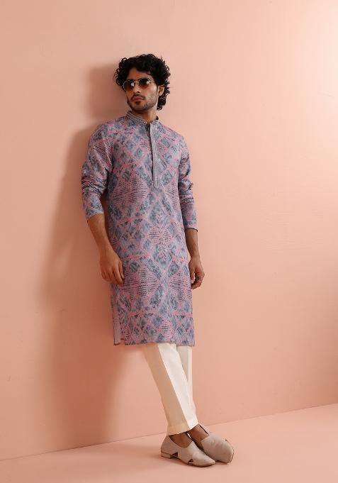 Grey Printed Poly Viscose Kurta For Men