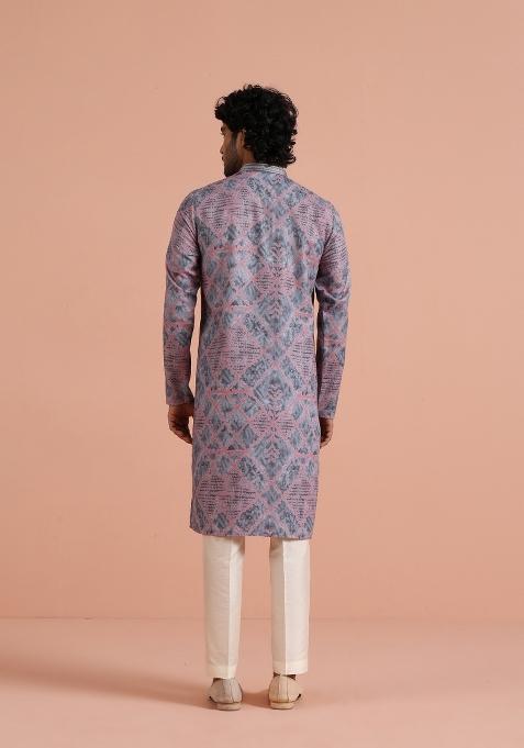 Grey Printed Poly Viscose Kurta For Men