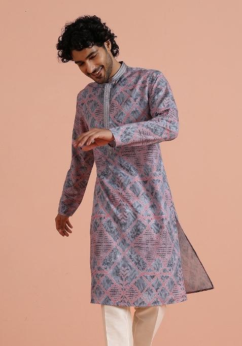 Grey Printed Poly Viscose Kurta For Men