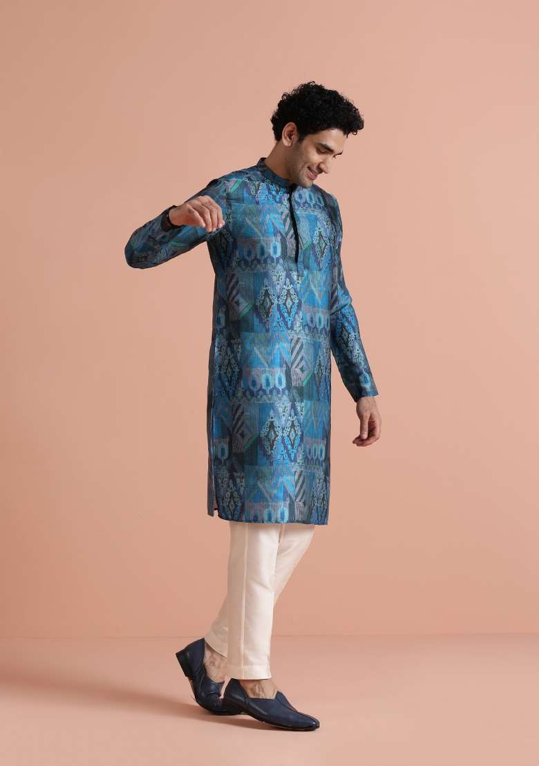 Blue Printed Poly Viscose Kurta For Men - Indya