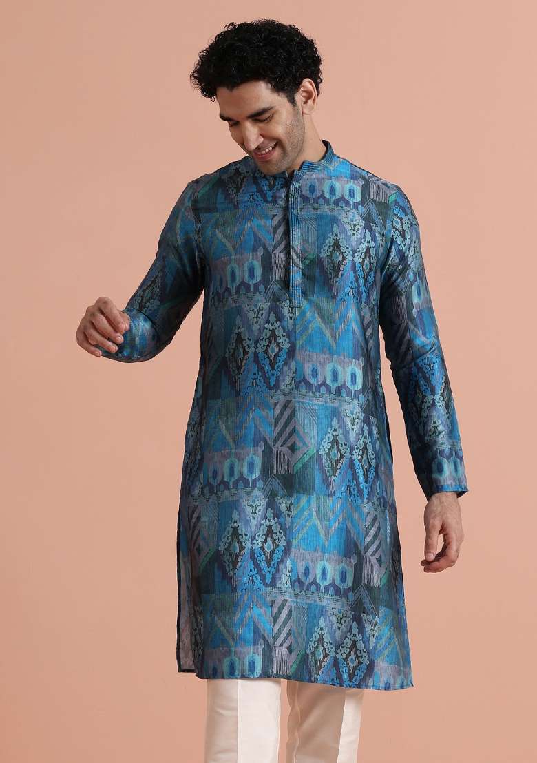 Blue Printed Poly Viscose Kurta For Men - Indya