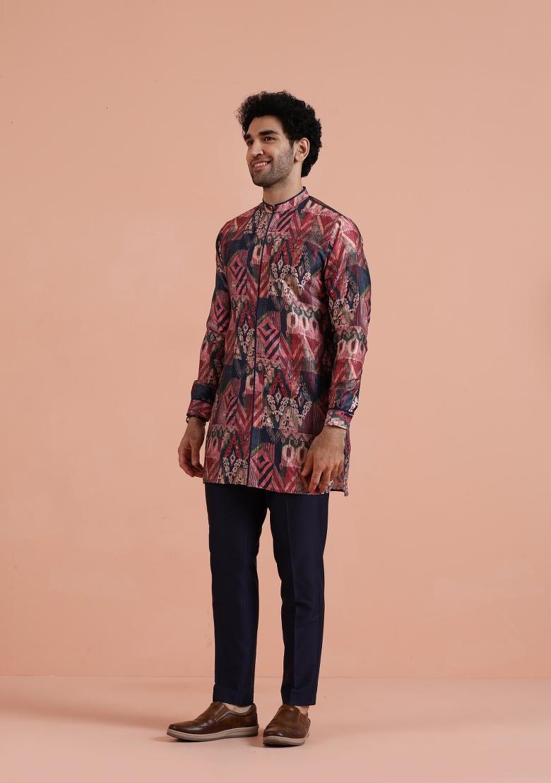 Multicolor Printed Poly Viscose Kurta For Men