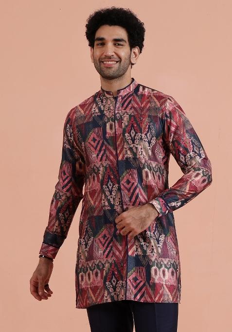 Multicolor Printed Poly Viscose Kurta For Men