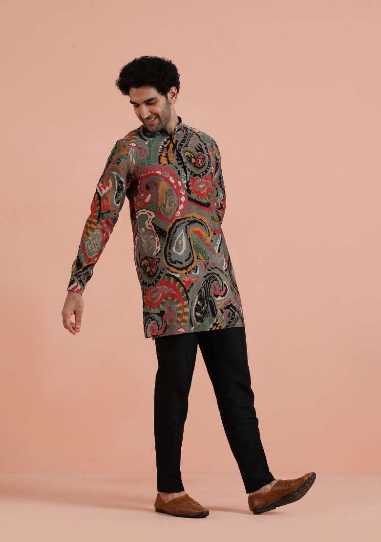 Grey Printed Silk Blend Kurta For Men - Indya