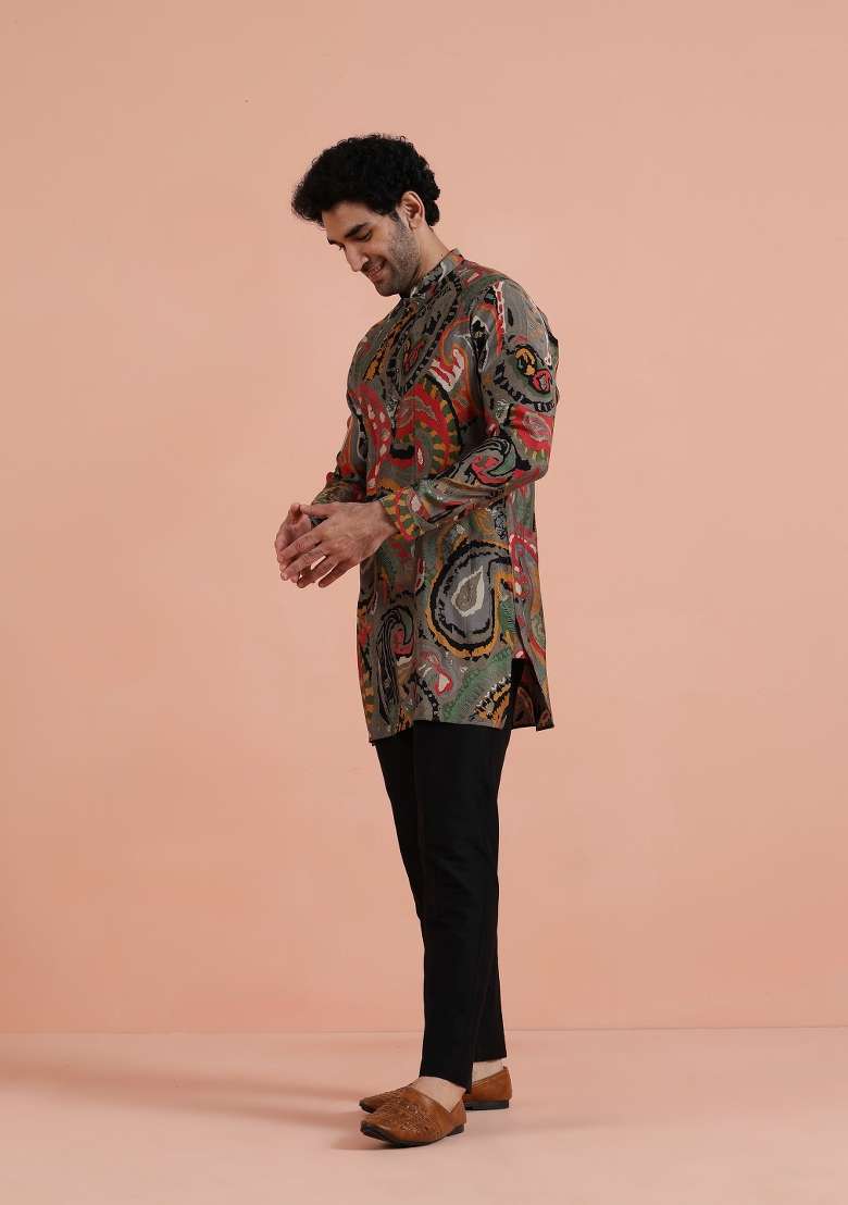 Grey Printed Silk Blend Kurta For Men - Indya