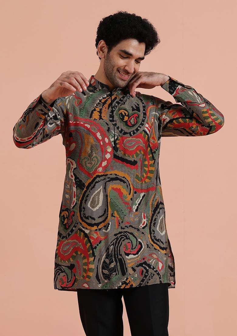 Grey Printed Silk Blend Kurta For Men - Indya