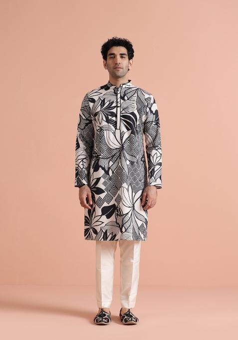 Black Printed Cotton Kurta For Men — view on Indya