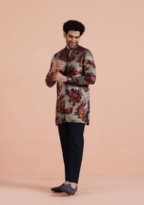Grey Printed Art Silk Blend Kurta For Men