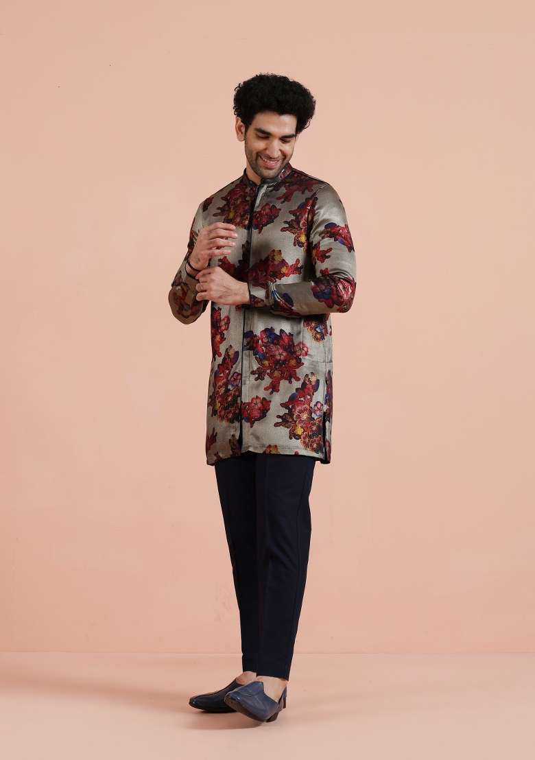 Grey Printed Art Silk Blend Kurta For Men - Indya