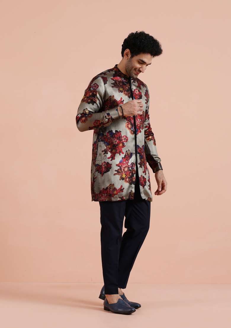Grey Printed Art Silk Blend Kurta For Men - Indya