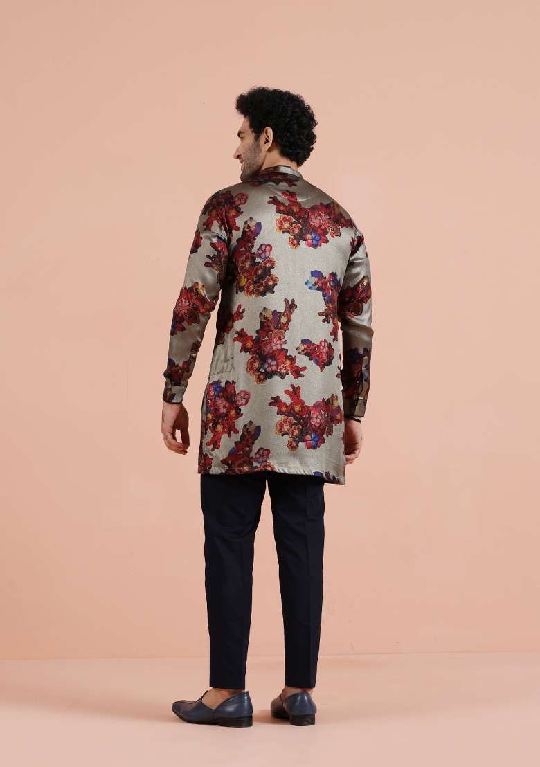 Grey Printed Art Silk Blend Kurta For Men - Indya