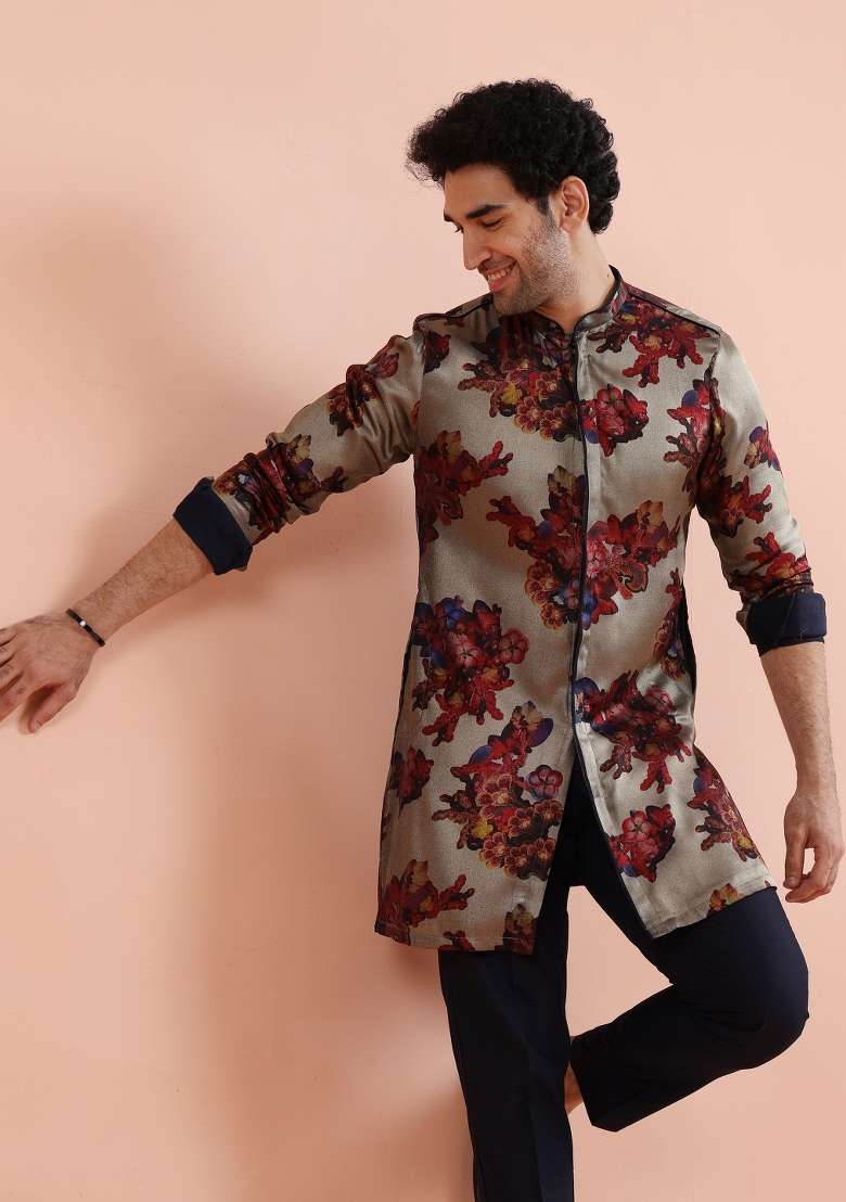 Grey Printed Art Silk Blend Kurta For Men - Indya