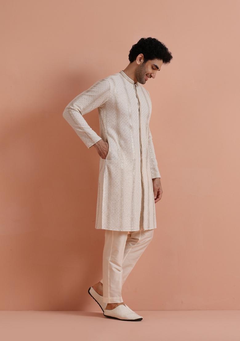 Cream Embellished Georgette Kurta For Men
