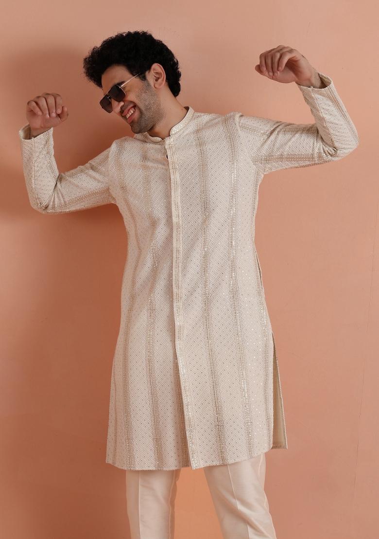 Cream Embellished Georgette Kurta For Men