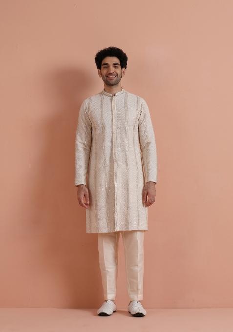 Cream Embellished Georgette Kurta For Men