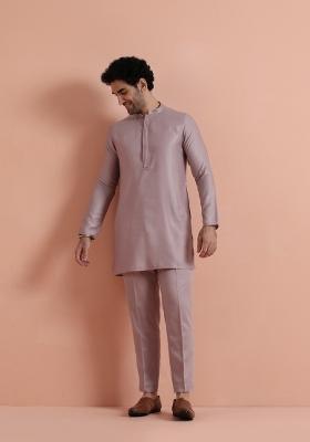 Pink Solid Silk Blend Kurta Set For Men