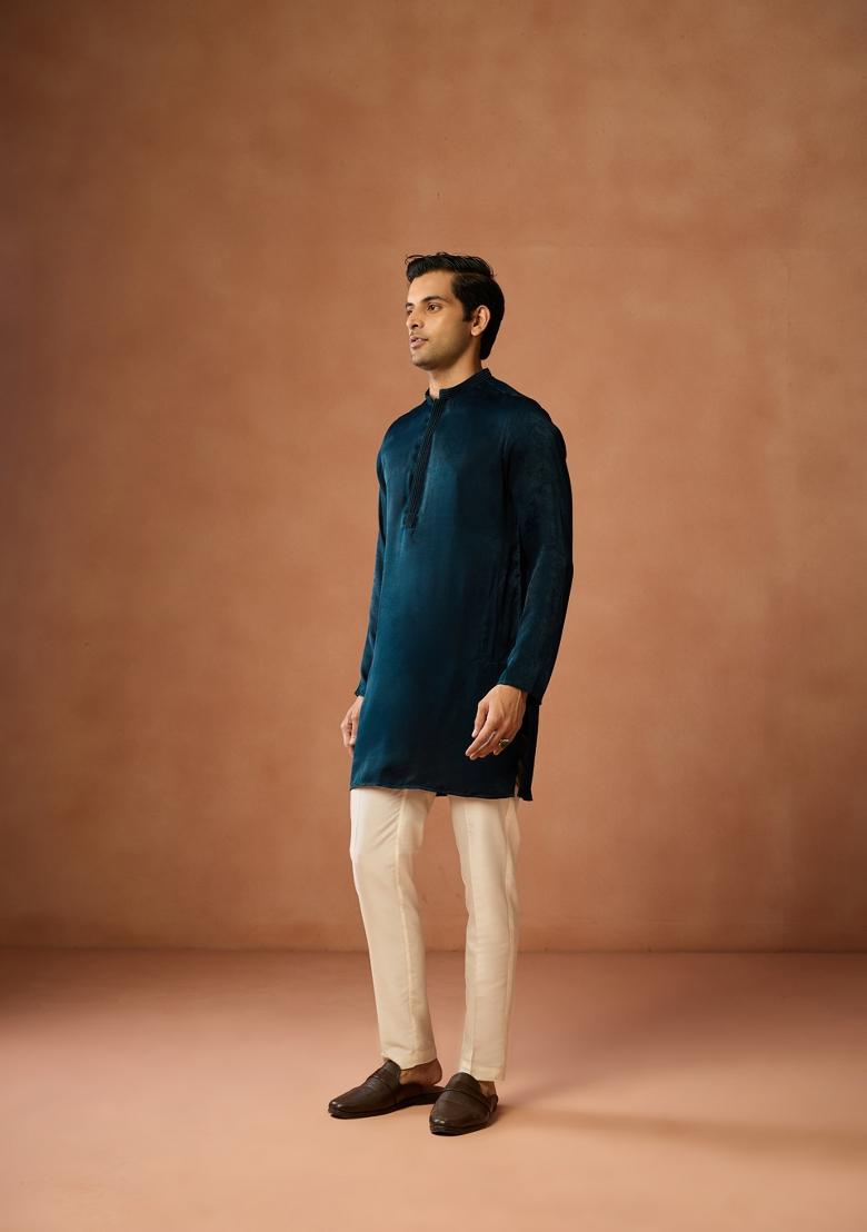Blue Solid Silk Blend Kurta Set For Men - Indya