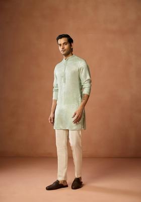 Green Solid Silk Blend Kurta Set For Men