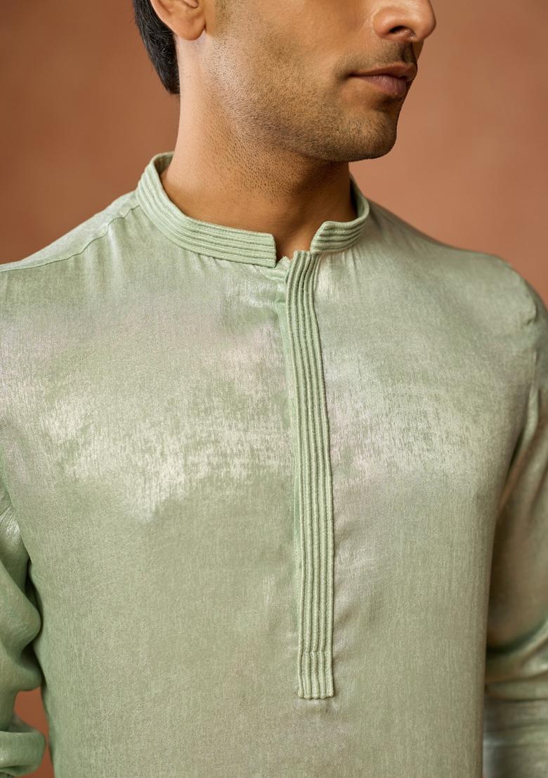 Green Solid Silk Blend Kurta Set For Men - Indya
