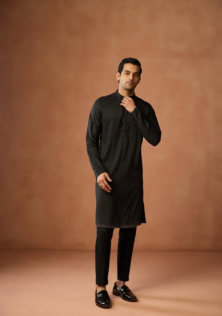 Black Embellished Silk Blend Kurta Set For Men