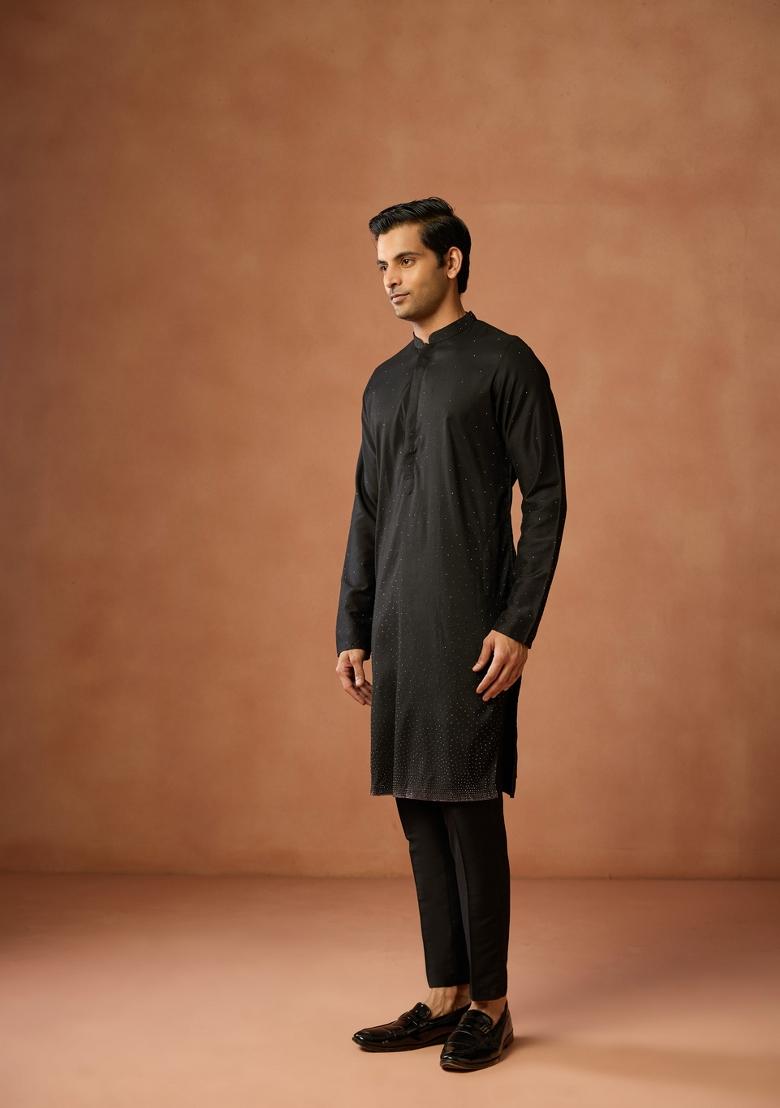 Black Embellished Silk Blend Kurta Set For Men
