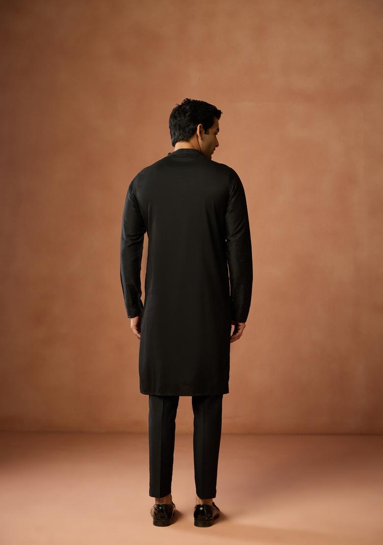 Black Embellished Silk Blend Kurta Set For Men