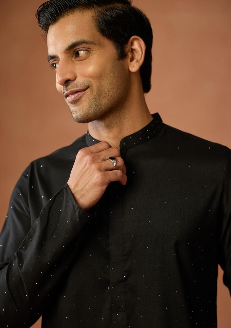 Black Embellished Silk Blend Kurta Set For Men
