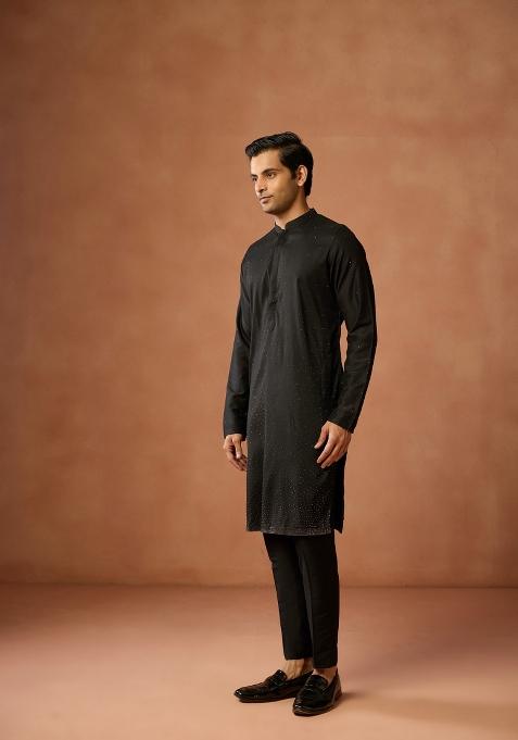 Black Embellished Silk Blend Kurta Set For Men