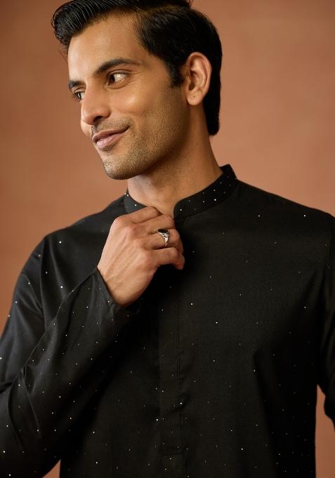 Black Embellished Silk Blend Kurta Set For Men
