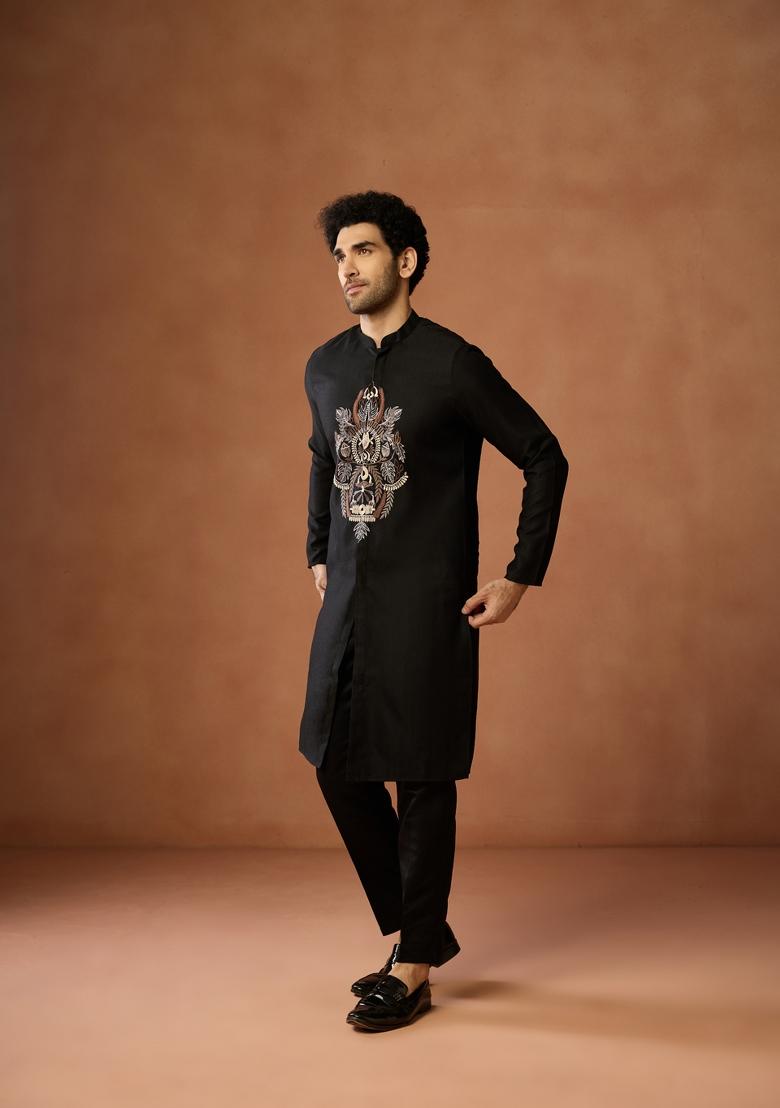 Black Embroidered Silk Blend Kurta Set For Men - Indya