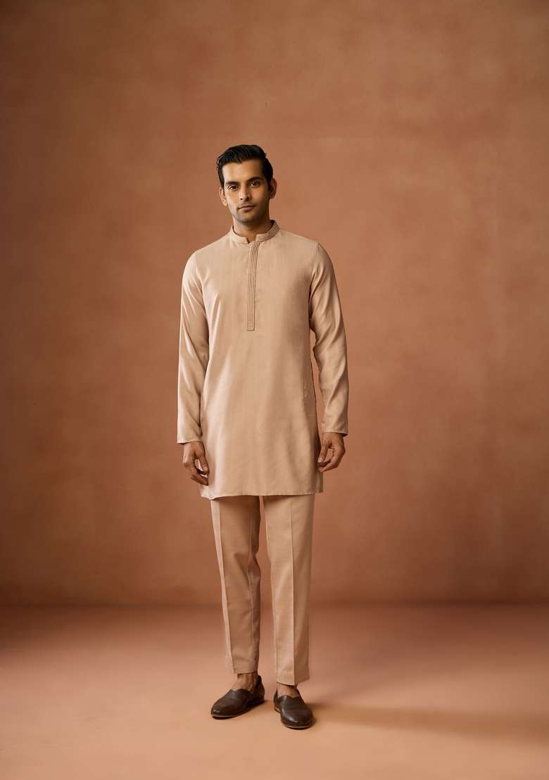 Beige Solid Silk Blend Kurta Set For Men - Indya