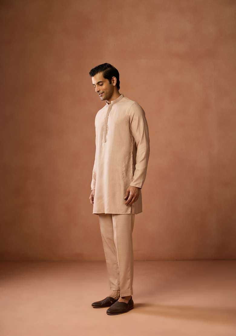 Beige Solid Silk Blend Kurta Set For Men - Indya