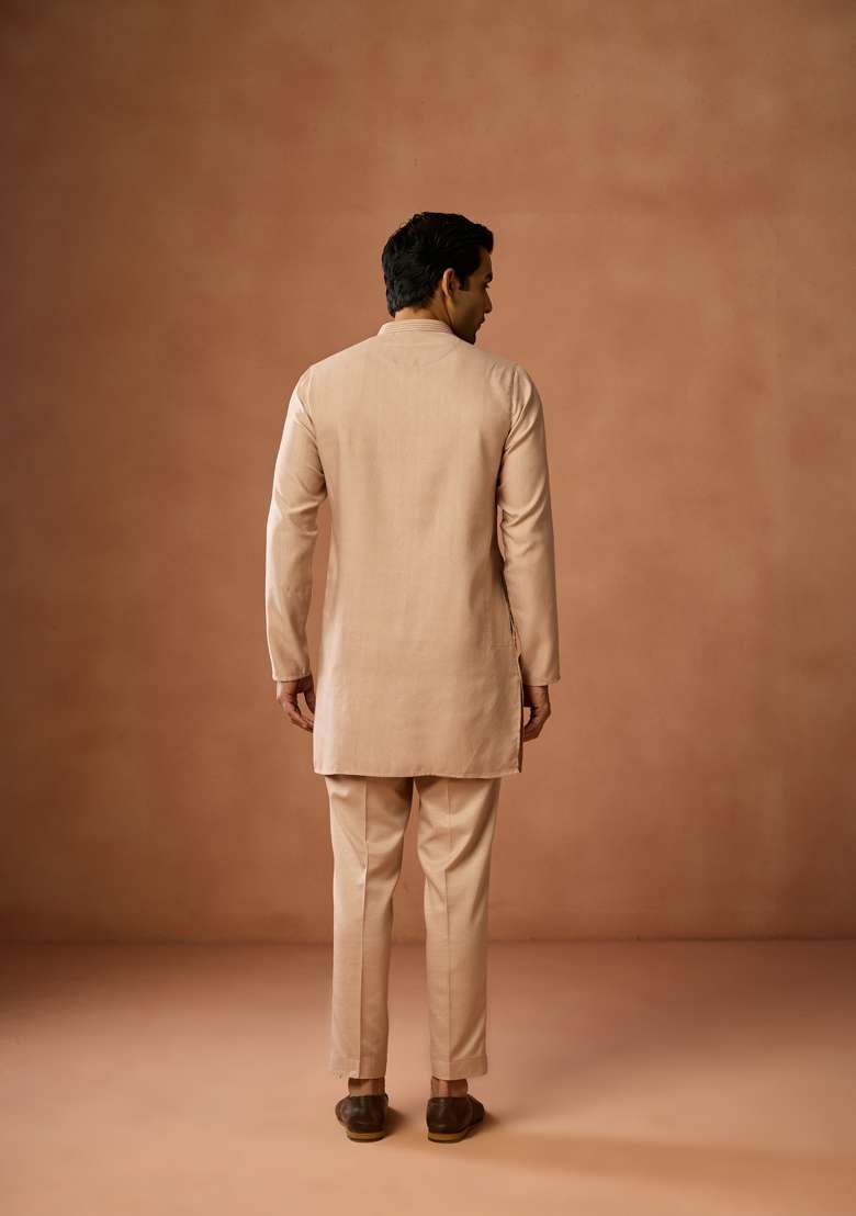 Beige Solid Silk Blend Kurta Set For Men - Indya