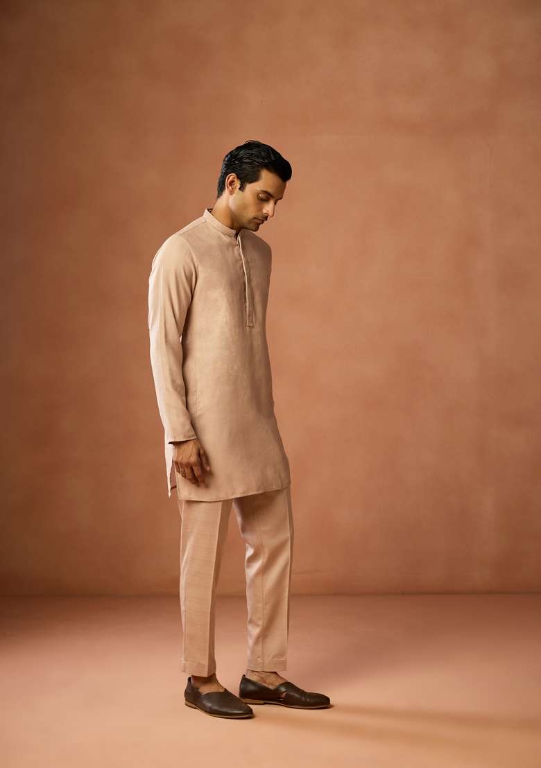 Beige Solid Silk Blend Kurta Set For Men - Indya