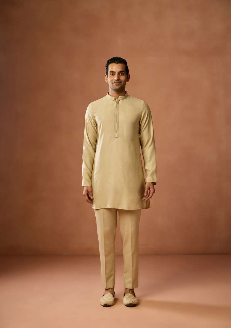Beige Solid Silk Blend Kurta Set For Men - Indya