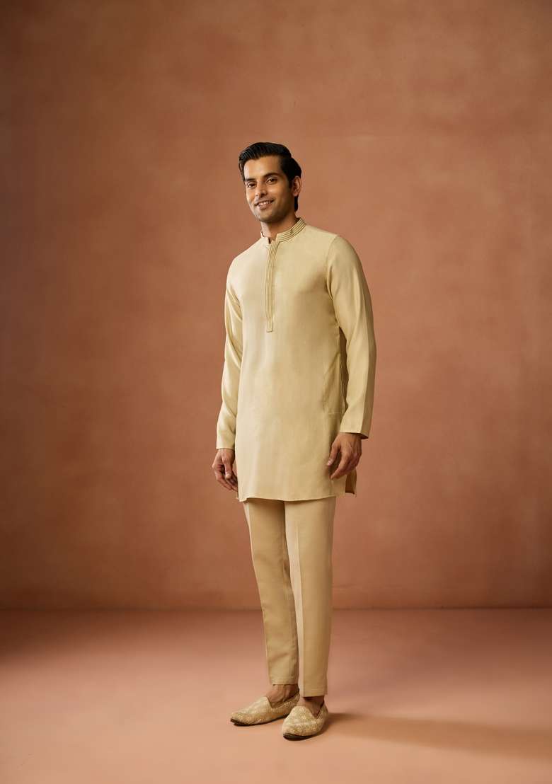 Beige Solid Silk Blend Kurta Set For Men - Indya