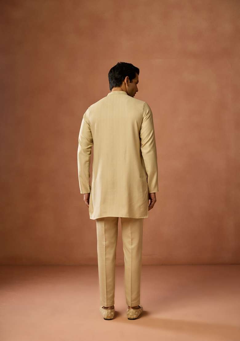 Beige Solid Silk Blend Kurta Set For Men - Indya
