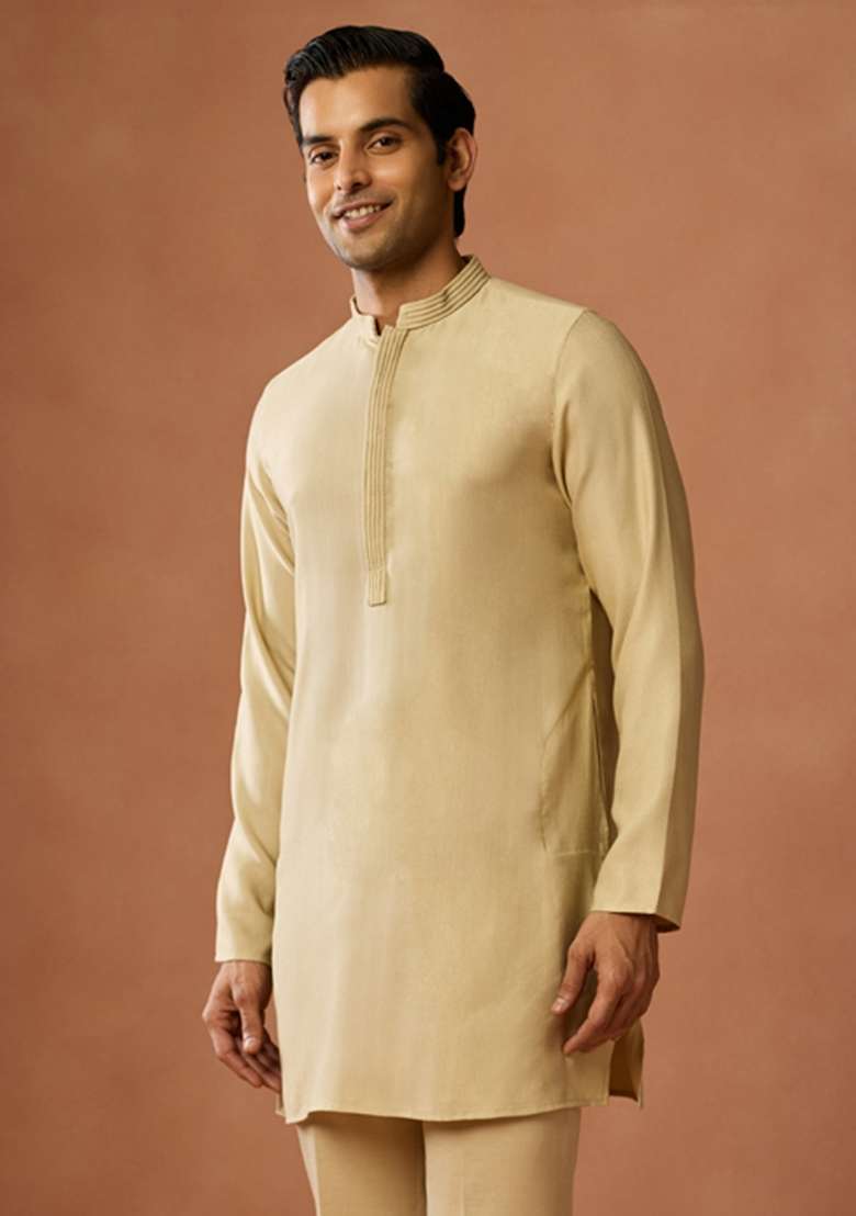Beige Solid Silk Blend Kurta Set For Men - Indya