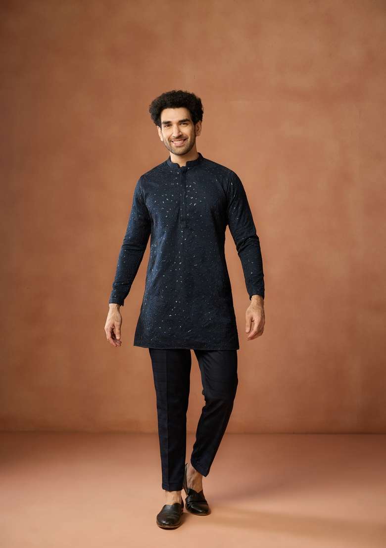 Blue Textured Silk Blend Kurta Set For Men - Indya