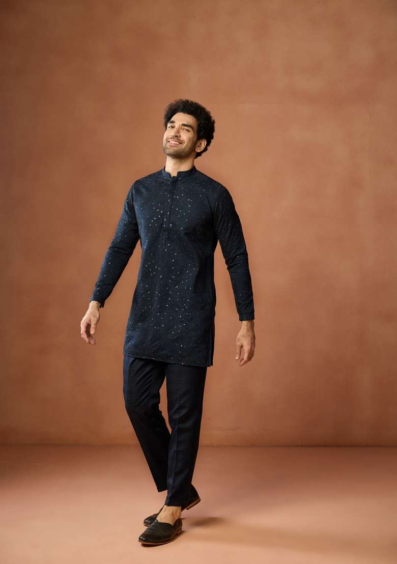 Blue Textured Silk Blend Kurta Set For Men - Indya