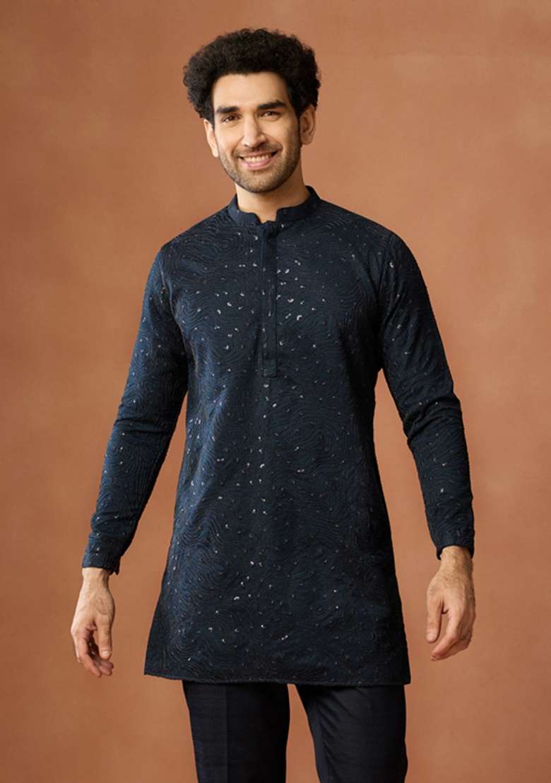 Blue Textured Silk Blend Kurta Set For Men - Indya