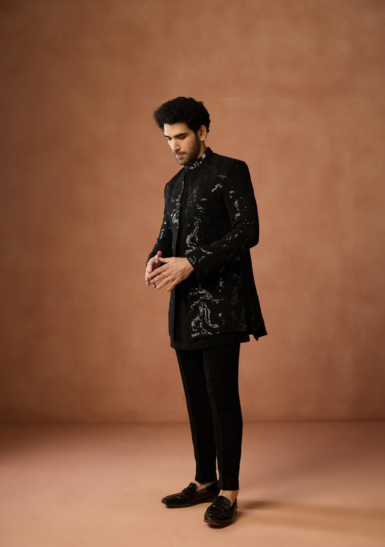 Black Embellished Silk Blend Sherwani Set For Men