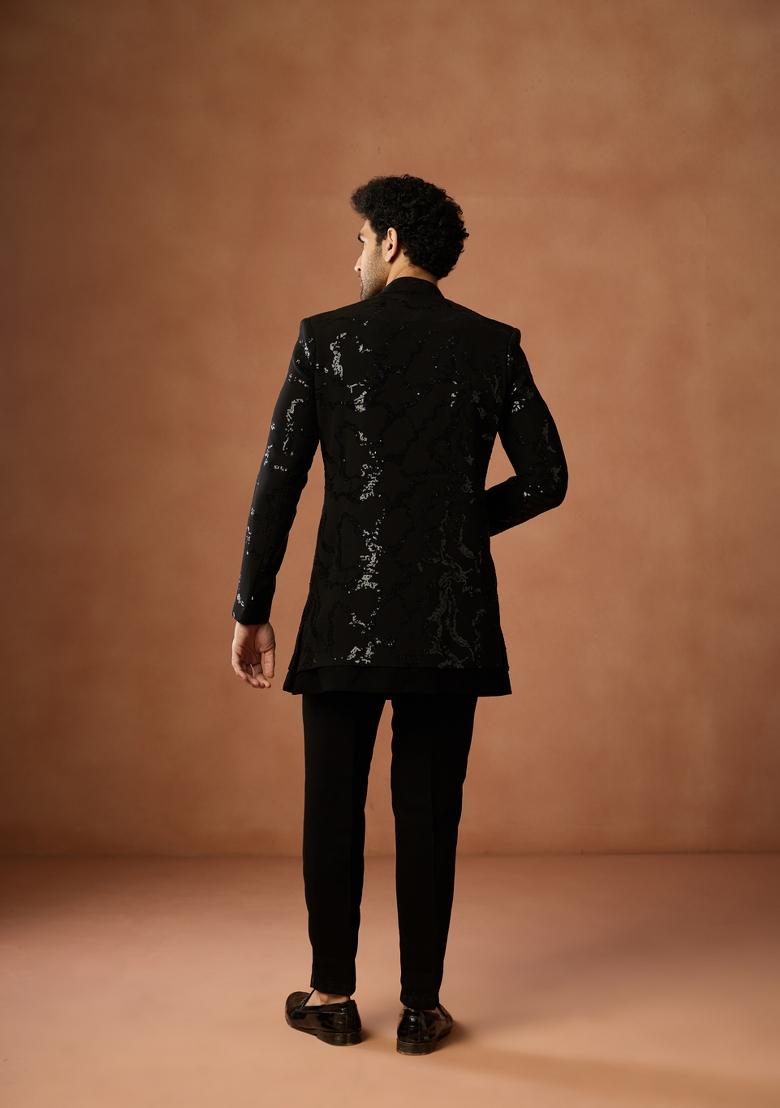 Black Embellished Silk Blend Sherwani Set For Men