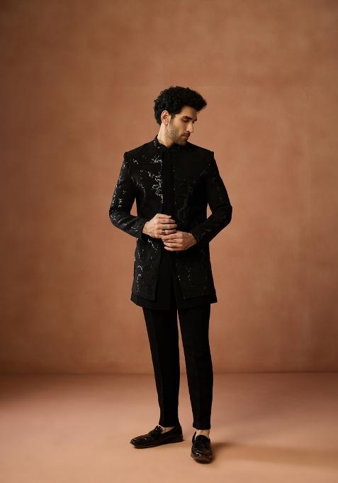 Black Embellished Silk Blend Sherwani Set For Men