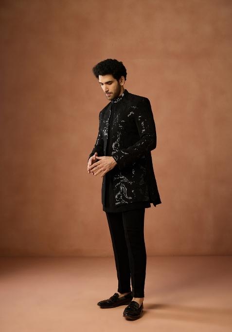 Black Embellished Silk Blend Sherwani Set For Men
