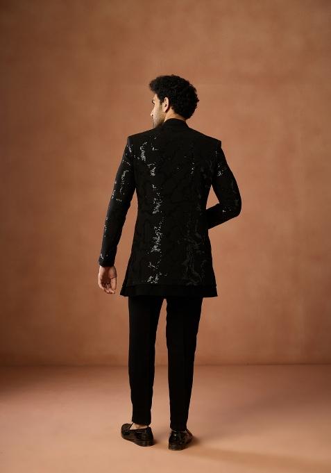 Black Embellished Silk Blend Sherwani Set For Men